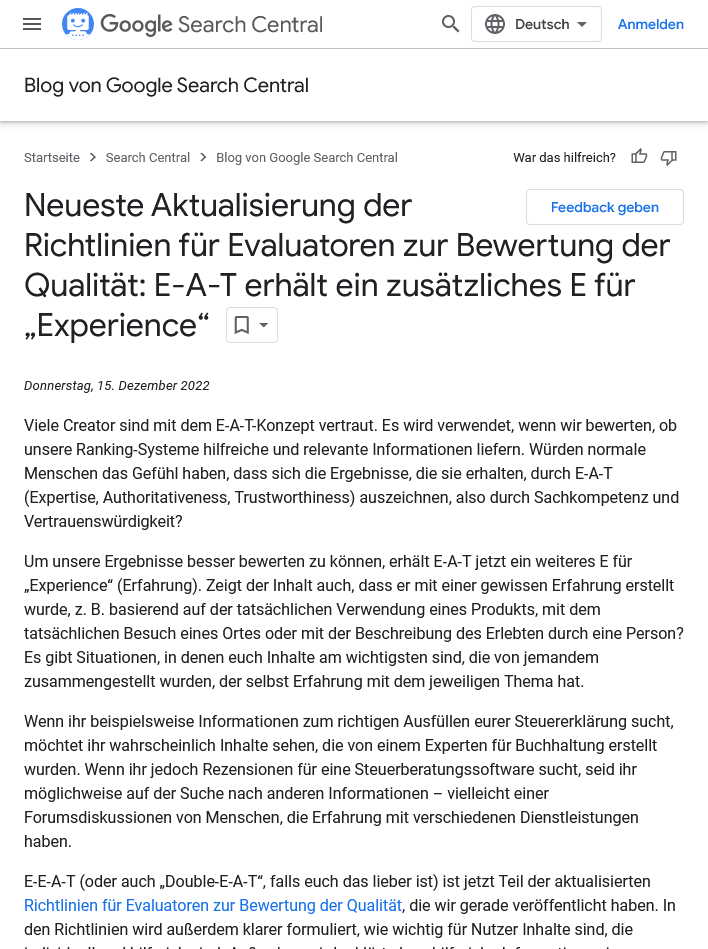 E-A-T erhält ein zusätzliches E